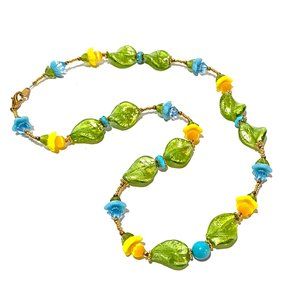 Handmade Green Petal Yellow & Blue Floral Swarovski crystal & Turquoise Necklace